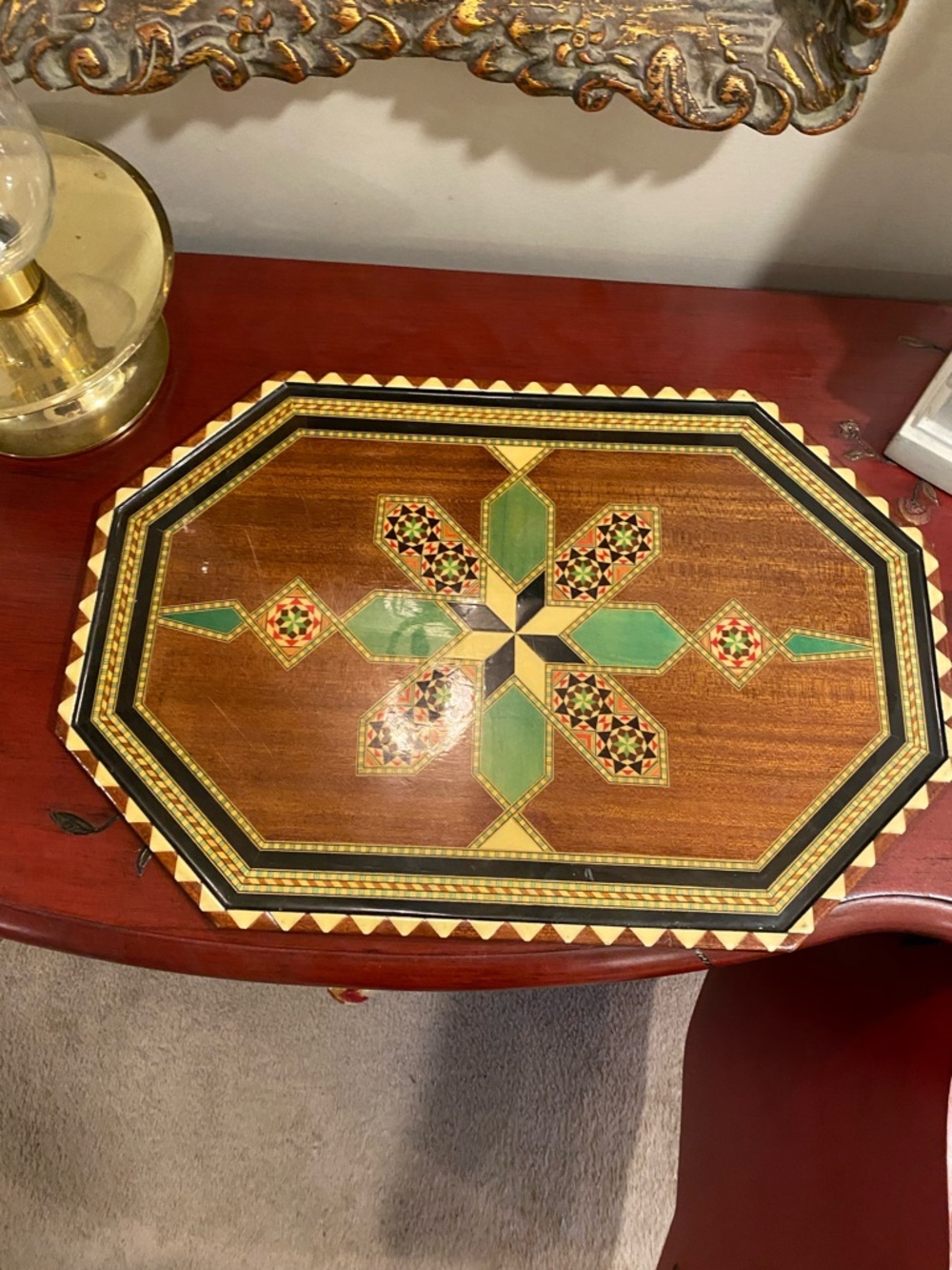 Vintage Spanish Lacquered Marquetry Wood Mosaic Inlay Tray